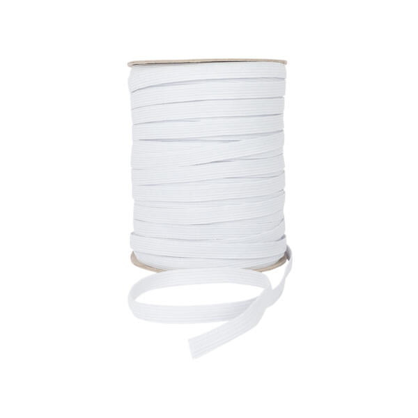 A large spool of flat white elastic ribbon is shown on a white background. The ribbon is neatly wound around the spool, with a single loose end extending out at the front.