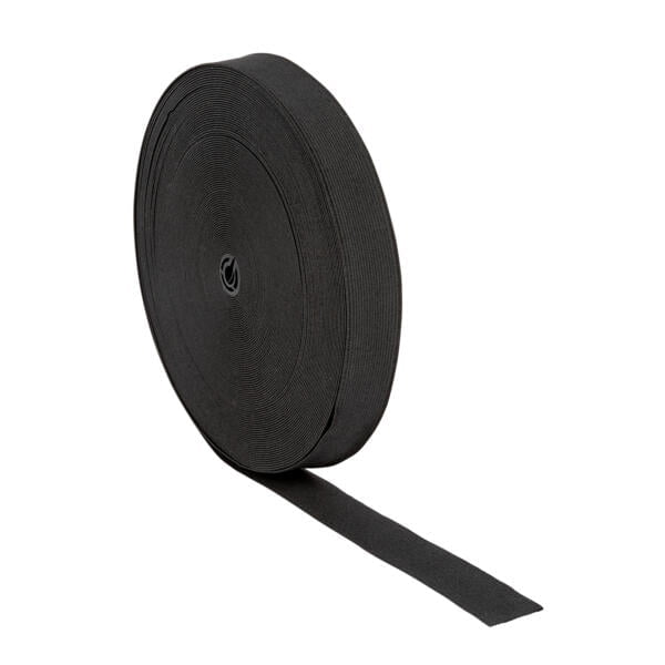 A large roll of black elastic band, partially unrolled, showing the end extending toward the right. The band appears tightly wound and has a smooth, slightly textured surface.