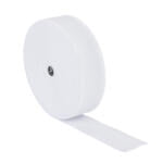 A large roll of white elastic band with a silver metal core, partially unrolled, showing its expandable texture and width suitable for various sewing applications. The band appears sturdy and smooth.