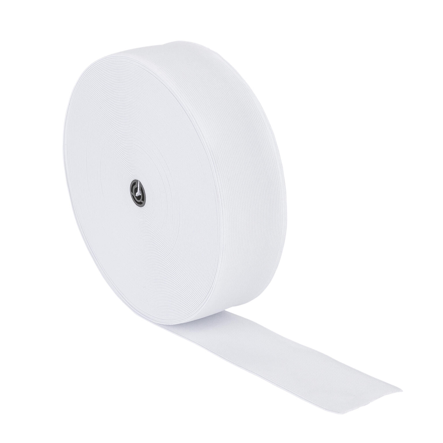 A large roll of white elastic band with a silver metal core, partially unrolled, showing its expandable texture and width suitable for various sewing applications. The band appears sturdy and smooth.