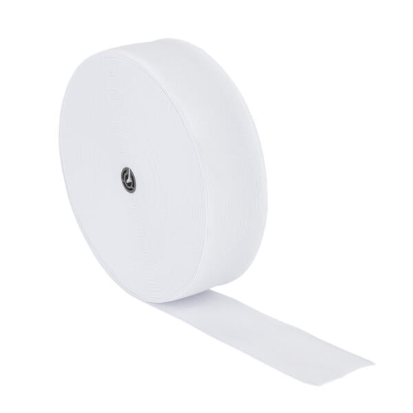 A large roll of white elastic band with a silver metal core, partially unrolled, showing its expandable texture and width suitable for various sewing applications. The band appears sturdy and smooth.
