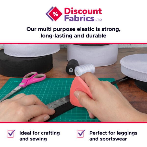 A person measuring black elastic with a ruler on a green cutting mat. Scissors, white and black elastic rolls, and a pink tool are also on the mat. At the top, "Discount Fabrics LTD" and text about the elastic's strength is displayed. Text at bottom highlights uses.