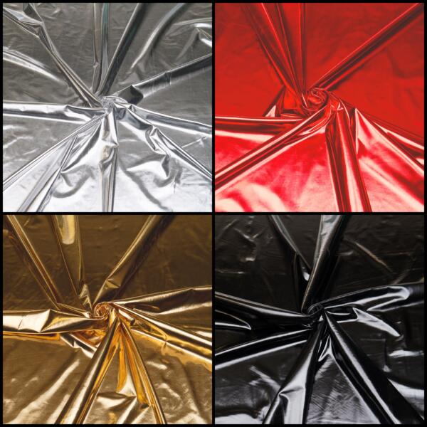 A grid of four images shows crinkled metallic fabric in different colors. The top left is silver, the top right is red, the bottom left is gold, and the bottom right is black. Each fabric is gathered into a swirl at the center.