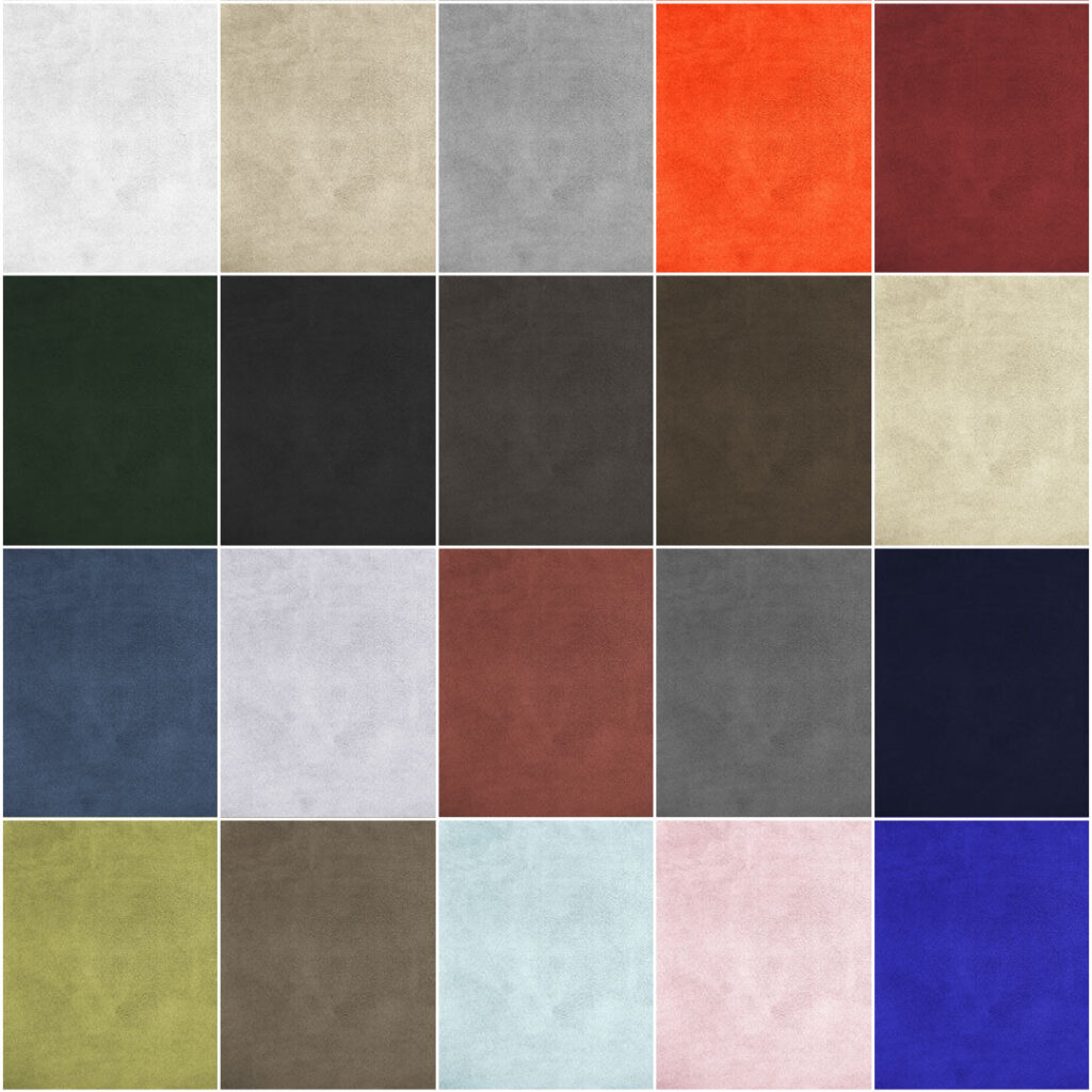 A grid of 20 rectangles made from Faux Suede | Upholstery Fabric, each featuring a unique color, is arranged in four rows and five columns. The colors range from white, beige, orange, and red to various shades of green, blue, gray, brown, and pink.