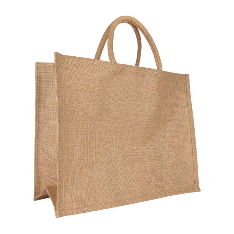 A plain, large rectangular jute tote bag with two short, rounded handles. The bag has a natural, beige color and a simple, sturdy design, suitable for carrying groceries or other items. The fabric has a coarse, woven texture.