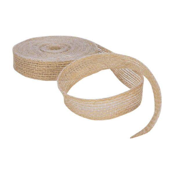A spool of woven beige ribbon is partially unrolled. The ribbon has a natural, rustic texture, resembling burlap or jute fabric, and is displayed on a white background.
