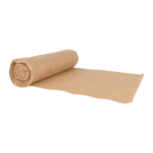 A large roll of light brown burlap cloth partially unrolled, showing its textured surface. The fabric appears thick and durable, ideal for crafts, upholstery, or agricultural use. The roll is displayed against a plain white background.