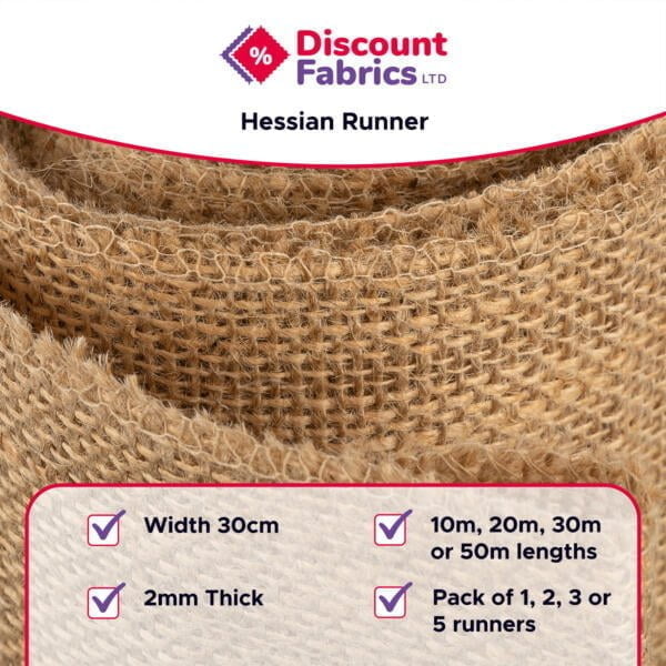 A close-up of a Hessian runner from Discount Fabrics LTD is shown. The text highlights its specifications: 30 cm width, 2 mm thickness, available in 10m, 20m, 30m, or 50m lengths, and sold in packs of 1, 2, 3, or 5 runners.