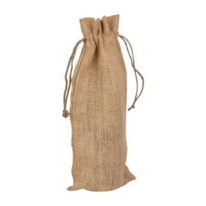 A brown burlap drawstring bag with a gathered top and two string ties on either side. The bag stands upright and has a rustic, textured appearance.