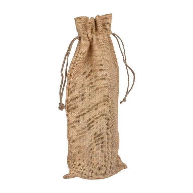 A brown burlap drawstring bag with a gathered top and two string ties on either side. The bag stands upright and has a rustic, textured appearance.
