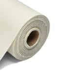 This image shows a roll of blackout lining fabric. The fabric is neatly rolled around a central cardboard tube, revealing multiple layers tightly wound together. The fabric has a smooth, matte finish and is displayed on a clean, white background that emphasizes its uniform color and texture. The edge of the roll is cleanly cut, highlighting the fabric's thickness and durability. The colour of this lining is ivory