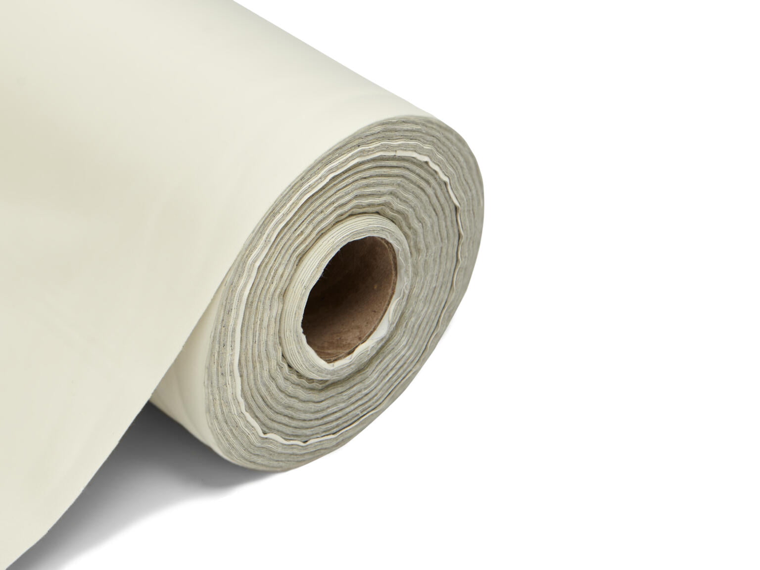This image shows a roll of blackout lining fabric. The fabric is neatly rolled around a central cardboard tube, revealing multiple layers tightly wound together. The fabric has a smooth, matte finish and is displayed on a clean, white background that emphasizes its uniform color and texture. The edge of the roll is cleanly cut, highlighting the fabric's thickness and durability. The colour of this lining is ivory