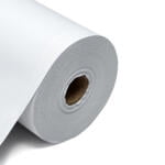 This image shows a roll of blackout lining fabric. The fabric is neatly rolled around a central cardboard tube, revealing multiple layers tightly wound together. The fabric has a smooth, matte finish and is displayed on a clean, white background that emphasizes its uniform color and texture. The edge of the roll is cleanly cut, highlighting the fabric's thickness and durability. The colour of this lining is white