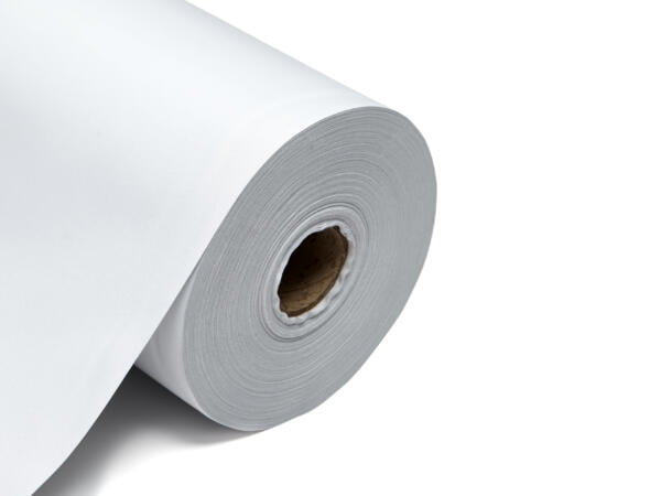 This image shows a roll of blackout lining fabric. The fabric is neatly rolled around a central cardboard tube, revealing multiple layers tightly wound together. The fabric has a smooth, matte finish and is displayed on a clean, white background that emphasizes its uniform color and texture. The edge of the roll is cleanly cut, highlighting the fabric's thickness and durability. The colour of this lining is white