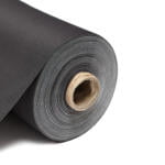 This image shows a roll of blackout lining fabric. The fabric is neatly rolled around a central cardboard tube, revealing multiple layers tightly wound together. The fabric has a smooth, matte finish and is displayed on a clean, white background that emphasizes its uniform color and texture. The edge of the roll is cleanly cut, highlighting the fabric's thickness and durability. The colour of this lining is black