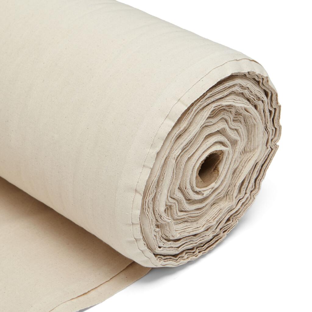 This image features a roll of cotton calico fabric, neatly rolled and displayed to showcase its texture. The fabric is tightly wound around a central cardboard tube, emphasizing its bulk and the multiple layers visible along the edge. Cotton calico is a plain-woven textile commonly used in crafting, garment creation, and as a base for painting or printing projects due to its versatility and absorbency. The fabric colour is Natural