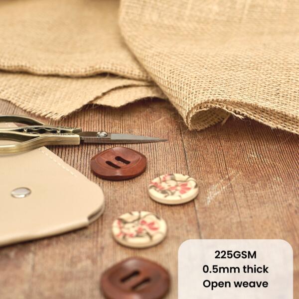 Infographic of Hessian Jute fabric showing it's thickness and fabric weave. Natural Hessian fabric