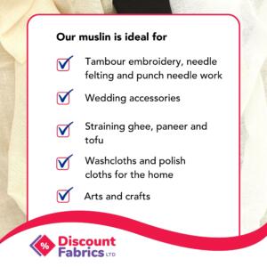 Cotton muslin fabric infographic mentioning use cases for needle felt, sewing, wedding fabric, cheesecloth fabric, craft fabric, washcloths, natural fabric, sustainable fabric