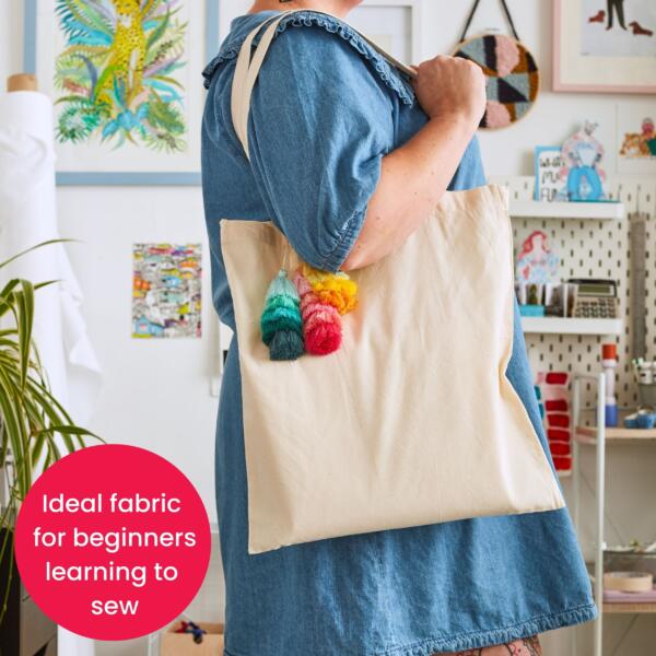 Calico fabric being used with a real life example of use case. Cotton tote bag