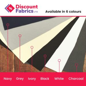 Image of blackout curtain lining fabric in 6 different colours of black, white, navy, charcoal, ivory, grey and charcoal