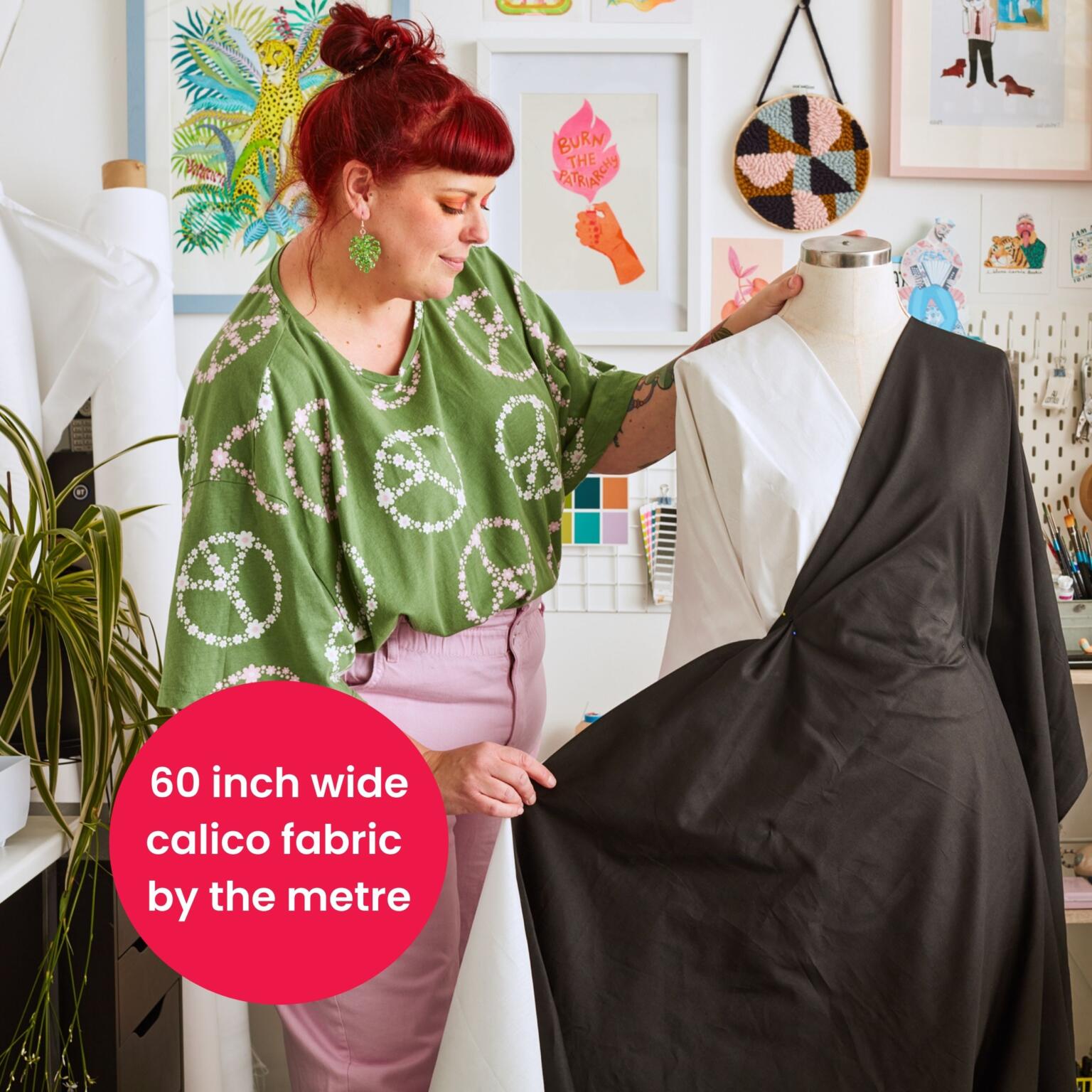 Image showing variations that we offer for calico fabric and the calico fabric being sold by the metre and 60 inches wide