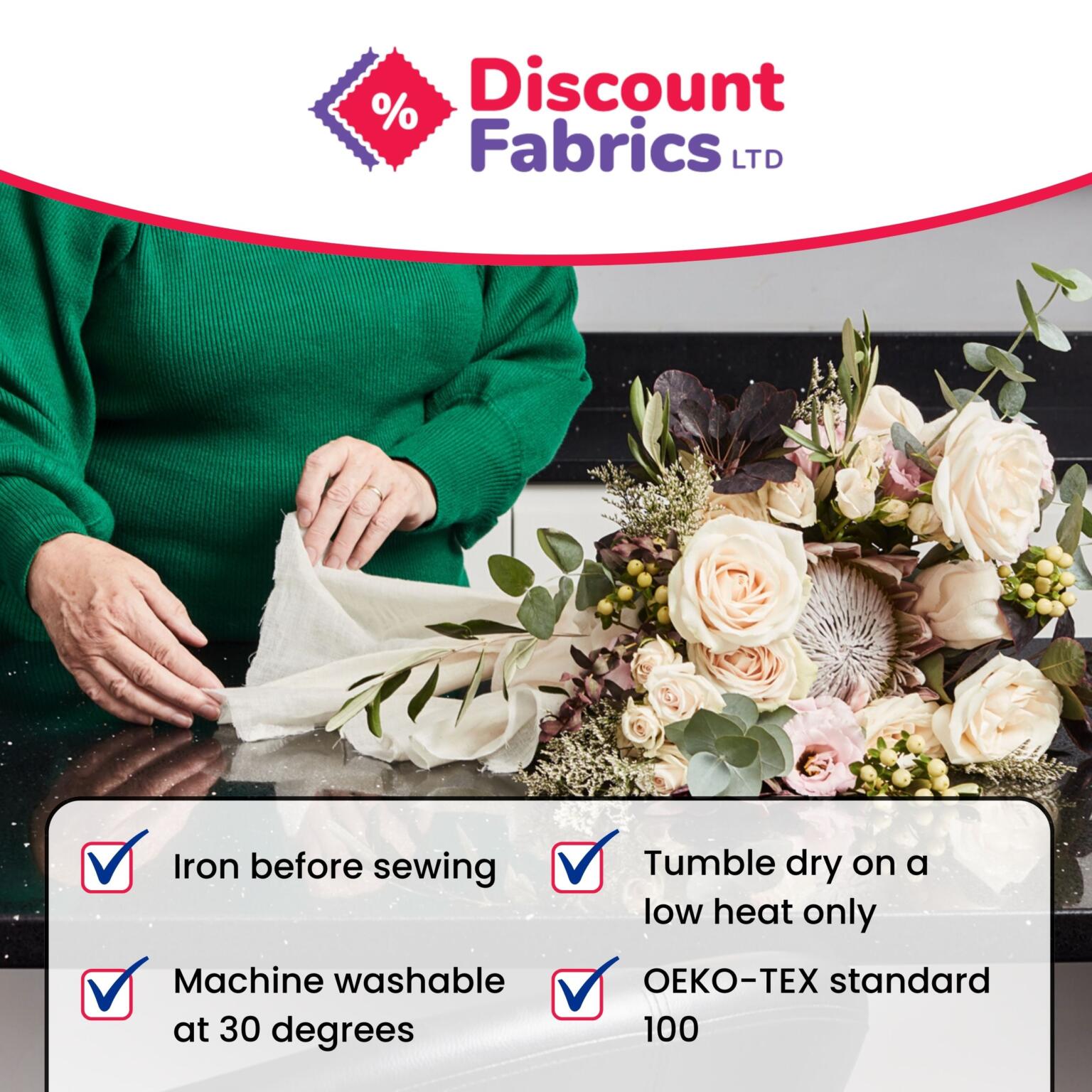 Cotton Muslin Fabric - Infographic stating to wash cotton fabric at 30 degrees, tumble dry on low heat, iron for sewing
