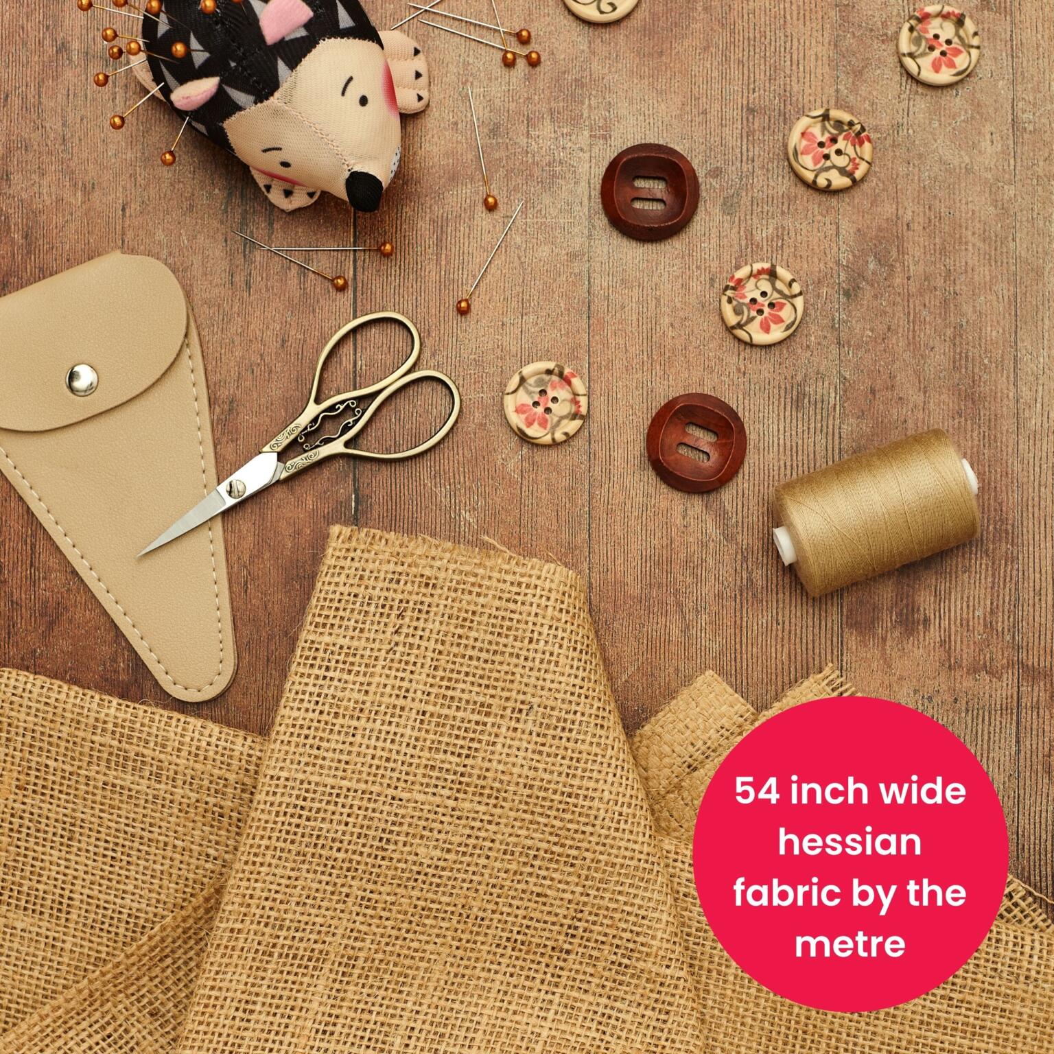 Infographic of Hessian Jute fabric showcasing the width of 40 inches to 72 inches wide. Perfect for Christmas decor and Christmas crafts. Rustic decoration for weddings and events. Natural Hessian fabric