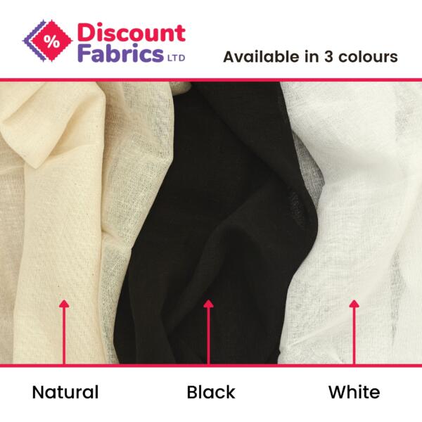 Cotton muslin fabric infographic showing 3 colour variations, white, black and natural. Fabric used for needle felt, sewing, wedding fabric, cheesecloth fabric, craft fabric, washcloths, natural fabric, sustainable fabric