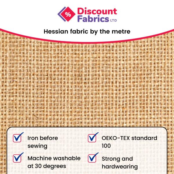 Infographic of Hessian Jute fabric showcasing the properties of Hessian fabric. How to wash fabric. Perfect for Christmas decor and Christmas crafts. Rustic decoration for weddings and events. Natural Hessian fabric