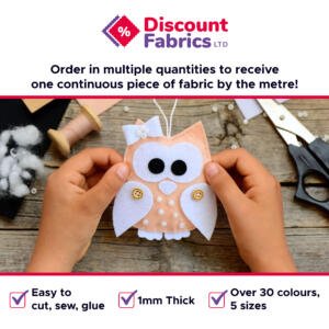 Felt fabric infographic showing the properties of 1mm thick, easy to glue, easy to sew, easy to cut and available in over 30 colours and 5 different sizes