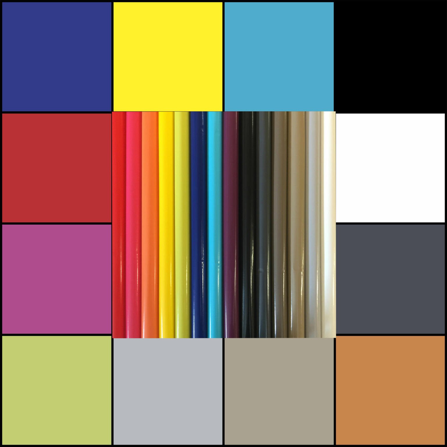 A grid of 16 color blocks with two rows of colored pencils in the center. The colors in the blocks are various shades of blue, yellow, red, green, gray, brown, white, and black. The colored pencils include a similar range of colors.