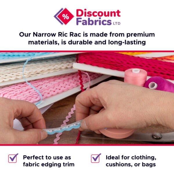A person measures pink ric rac trim with a tape measure. Nearby are spools of thread and more ric rac in various colors. A banner for "Discount Fabrics LTD" is at the top, along with text promoting the ric rac as durable and ideal for various sewing projects.