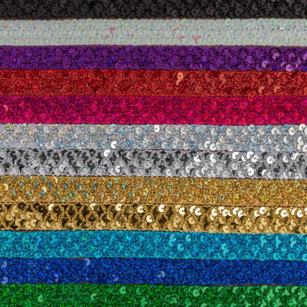 Rows of sequin fabric in various colors, including black, silver, purple, red, pink, white, gold, yellow, green, teal, and blue. The sequins create a sparkling effect, with each row showcasing a different vibrant hue.