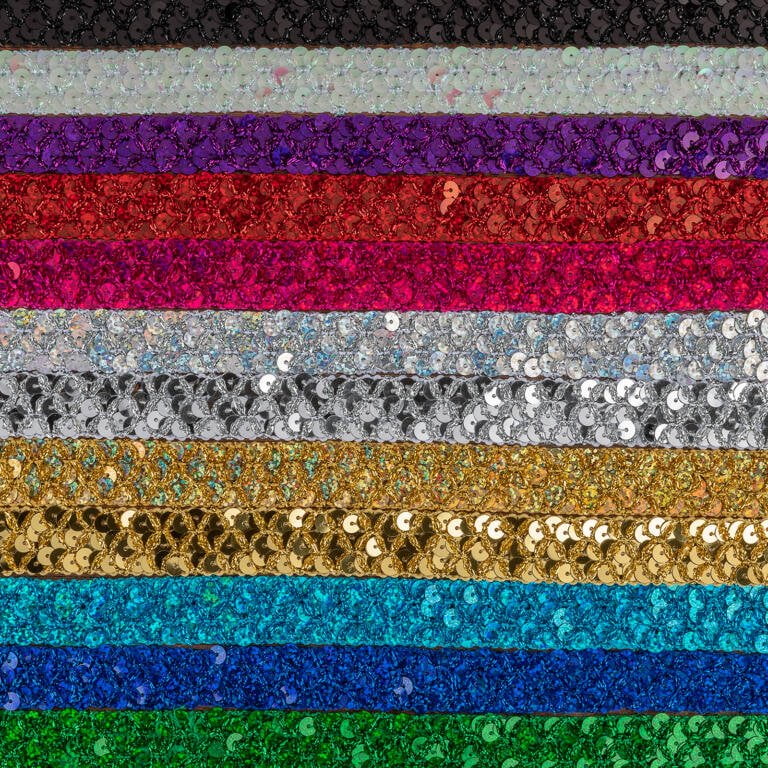 Rows of sequin fabric in various colors, including black, silver, purple, red, pink, white, gold, yellow, green, teal, and blue. The sequins create a sparkling effect, with each row showcasing a different vibrant hue.