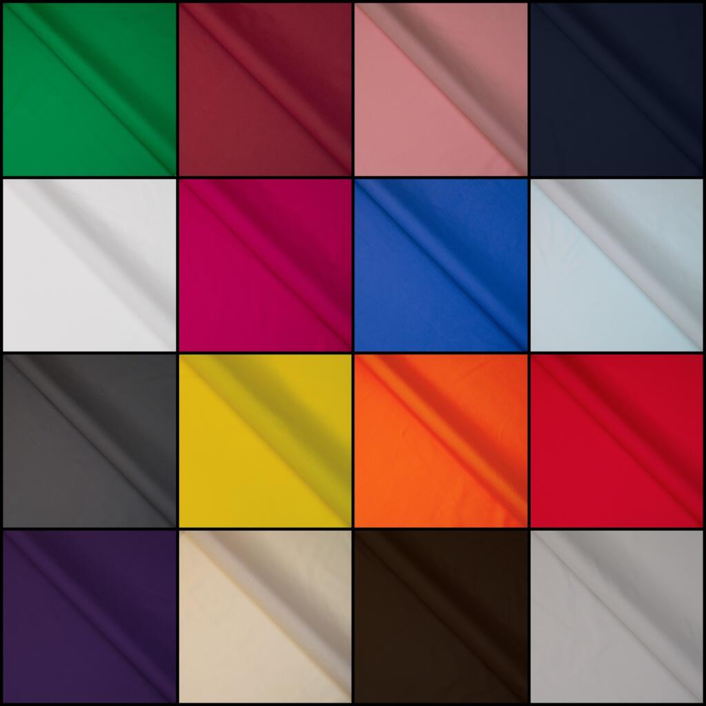 A grid displaying 20 Cotton Fabric | Organic Cotton | Poplin Fabric swatches in different colors, including green, red, pink, navy blue, white, magenta, blue, light blue, black, gray, yellow, orange, red (repeated), purple (seems to be a duplicate as well), beige (rechecking the color list might help), brown and light gray. Each swatch shows the texture of the fabric.