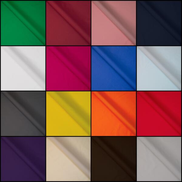 A grid displaying 20 Cotton Fabric | Organic Cotton | Poplin Fabric swatches in different colors, including green, red, pink, navy blue, white, magenta, blue, light blue, black, gray, yellow, orange, red (repeated), purple (seems to be a duplicate as well), beige (rechecking the color list might help), brown and light gray. Each swatch shows the texture of the fabric.