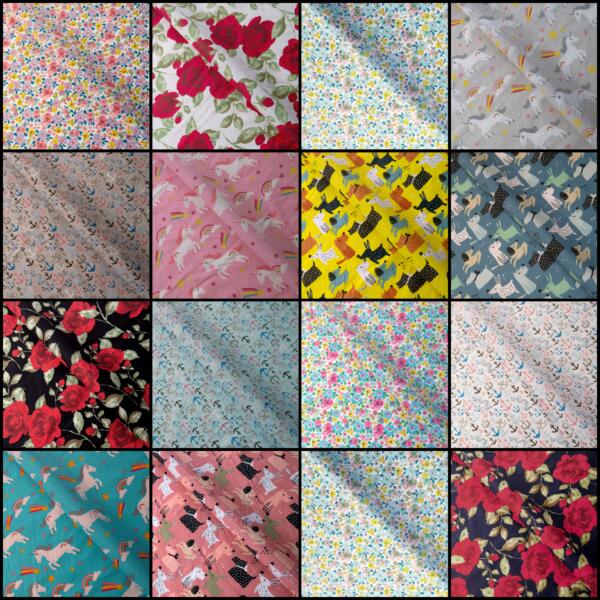 A 4x4 grid showcasing 16 different fabric designs. Patterns include various flowers, unicorns, sunglasses, musical notes, birds, and giraffes in diverse color schemes, ranging from bright and playful to dark and elegant. Each square has a unique and colorful design.
