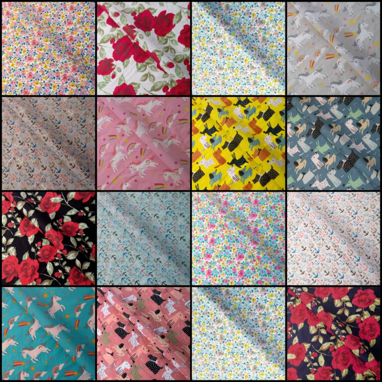 A 4x4 grid showcasing 16 different fabric designs. Patterns include various flowers, unicorns, sunglasses, musical notes, birds, and giraffes in diverse color schemes, ranging from bright and playful to dark and elegant. Each square has a unique and colorful design.