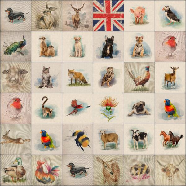 A grid of watercolor animal illustrations. Animals include a rabbit, hare, deer, pig, peacock, dog, cat, owl, fox, bird, bee, cow, horse, rodent, chicken, duck, and more. A British flag is depicted in the center of the top row.