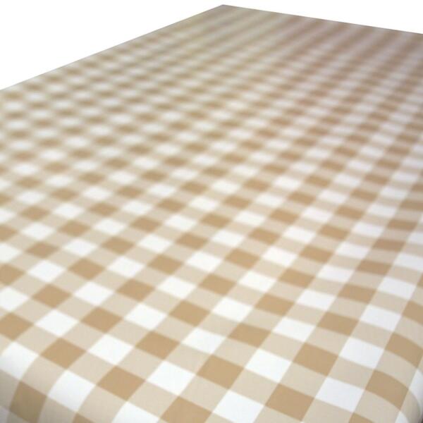 A beige and white checkered tablecloth is shown, spread flat on a table. The pattern features square shapes in alternating colors, creating a classic gingham design. The image focuses on the surface, leaving the table edges out of view.