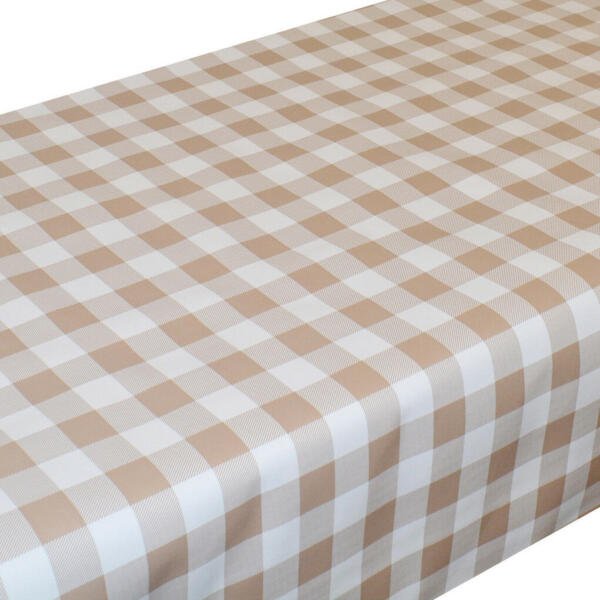 A rectangular table is covered with a beige and white gingham-patterned tablecloth. The cloth features evenly spaced checks in a soft, neutral color palette, giving it a classic and cozy appearance.