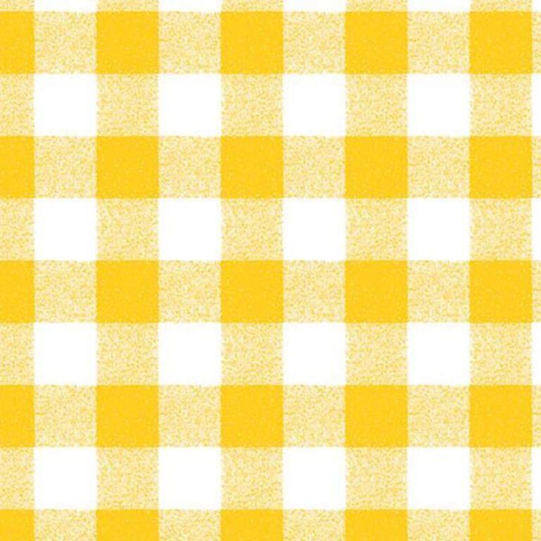 A yellow and white checkered pattern with a texture resembling woven fabric. The pattern consists of evenly spaced squares, alternating between yellow and white, creating a classic, vibrant gingham design.