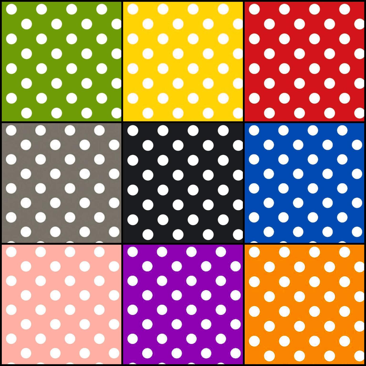 A grid of twelve squares, each with a polka dot pattern. The background colors are green, yellow, red, gray, black, blue, light pink, purple, orange, light green, brown and dark gray. The polka dots are white in all squares on the Table Cloth Fabric | 55 Inch Wide | PVC Plastic | Polka Dot.