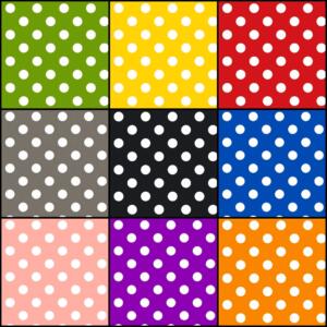 A grid of twelve squares, each with a polka dot pattern. The background colors are green, yellow, red, gray, black, blue, light pink, purple, orange, light green, brown and dark gray. The polka dots are white in all squares on the Table Cloth Fabric | 55 Inch Wide | PVC Plastic | Polka Dot.