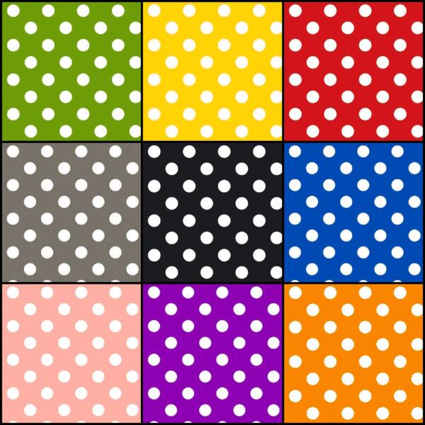 A grid of twelve squares, each with a polka dot pattern. The background colors are green, yellow, red, gray, black, blue, light pink, purple, orange, light green, brown and dark gray. The polka dots are white in all squares on the Table Cloth Fabric | 55 Inch Wide | PVC Plastic | Polka Dot.