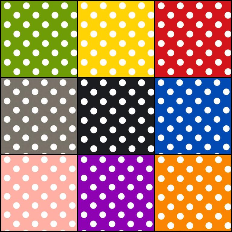 A grid of twelve squares, each with a polka dot pattern. The background colors are green, yellow, red, gray, black, blue, light pink, purple, orange, light green, brown and dark gray. The polka dots are white in all squares on the Table Cloth Fabric | 55 Inch Wide | PVC Plastic | Polka Dot.