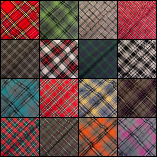 A grid of sixteen squares, each featuring a different tartan pattern. The patterns vary in color, with combinations including red, green, blue, yellow, black, and white. Each tartan has its own unique plaid design.