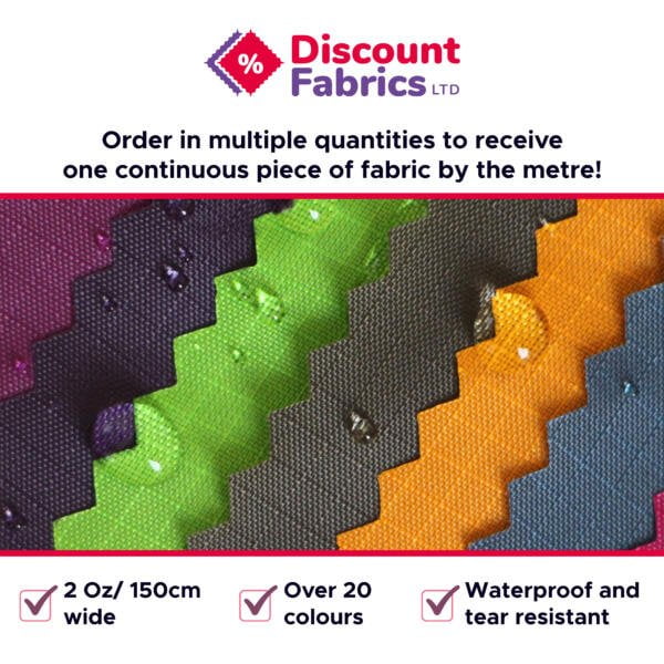 An advertisement for "Discount Fabrics LTD" showcasing colorful fabric swatches in purple, green, grey, and orange with water droplets. Text highlights fabric features: order by the meter, 2 Oz/150cm wide, over 20 colors, and waterproof and tear-resistant.