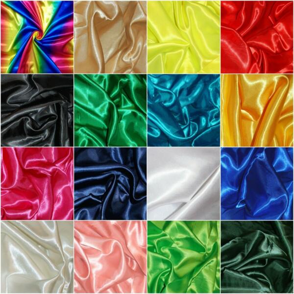 A grid of 16 squares, each filled with a different colored piece of crumpled satin fabric. Colors include rainbow, beige, yellow, red, black, green, teal, orange, fuchsia, navy blue, white, royal blue, ivory, blush pink, lime green, and dark green.