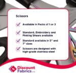An infographic from Discount Fabrics LTD promoting scissors. The text lists features: available in packs of 1 or 3, standard, embroidery, and pinking shears, sizes 5" and 7", and designed with high-grade stainless steel. The background displays close-up images of scissors.